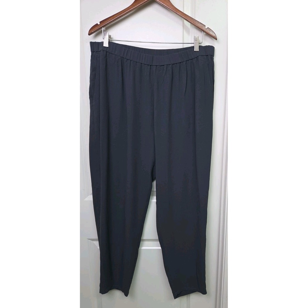 Eileen Fisher 100% Silk Pants Gray Pull On Tapered Leg Pockets Capsule Size XL ?